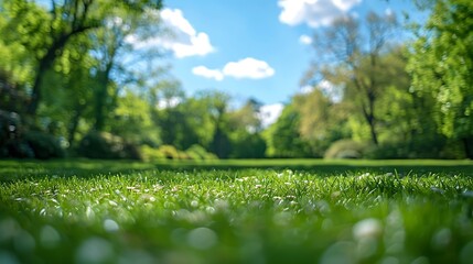 Poster - Beautiful blurred background image of spring nature with a neatly trimmed lawn surrounded by trees against a blue sky with clouds on a bright sunny day : Generative AI