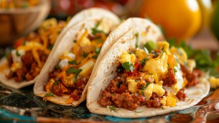 Breakfast tacos filled with scrambled eggs chorizo