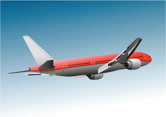 Wall Mural - Red and white airplane flying in a blue sky