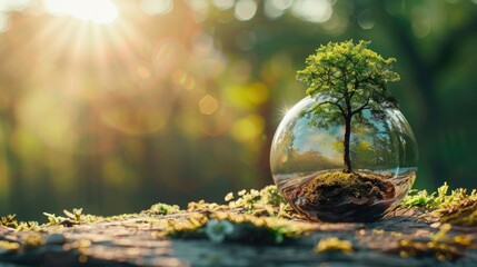 glass globe ball with tree growing and green nature blur background. eco earth day concept