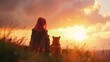 © Tatyana - Woman and dog sit on grassy hill at sunset, enjoying calm moment together with beautiful sky and warm sunlight. A peaceful scene in nature.