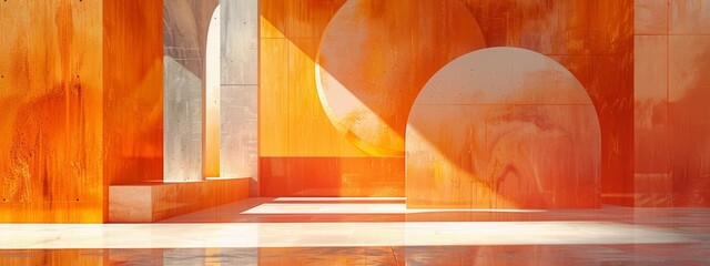 Wall Mural - Digital composition featuring abstract shapes and patterns inspired by architecture against an orange wallpaper, exploring the harmony of form and color.
