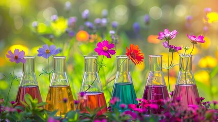 Wall Mural - Botanical Experiment: Flowers in Laboratory Flasks