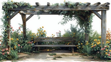 Wall Mural - a country rose garden wooden arch way with yellow and white roses