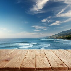 Wall Mural - Wooden table in side of ocean open sky beautiful view