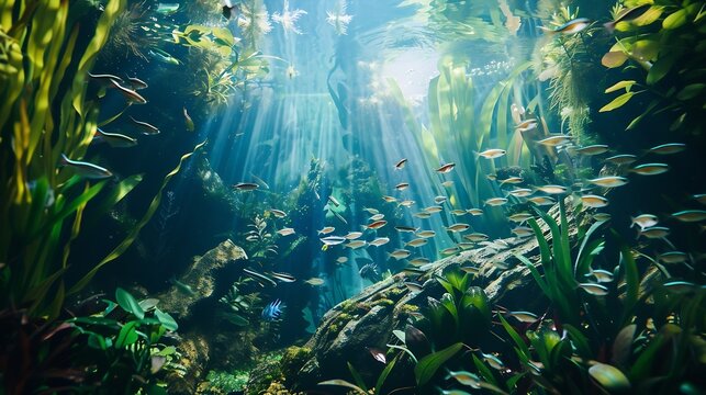 Aquarium with tropical fish jungle landscape with nature forest design tank with variety plants fish drift wood rock stone underwater landscape with a variety of aquatic plants inside : Generative AI