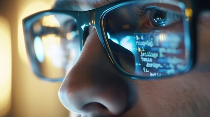 Focused developer coder wears glasses working on computer looking at programming code data cyber security digital tech reflecting in spectacles developing software program focus on eye : Generative AI