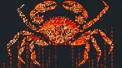 Digital crab formed by glowing orange binary code on black backdrop