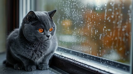 Wall Mural - Gray British Shorthair cat is sitting on the window sill