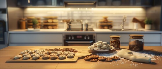 Wall Mural - Cozy home baking scene with fresh cookies and ingredients at twilight