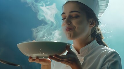 Cheerful gourmet chef smelling food aroma from bowl on camera enjoying professional meal cooked Professional female cook savoring tasty food flavor and scent in studio Catering service : Generative AI