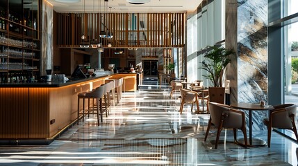Leinwandbilder - Light wooden and marble tile floor interior of modern cafe with double ceiling height Lobby bar in luxury design hotel hall with second split level : Generative AI