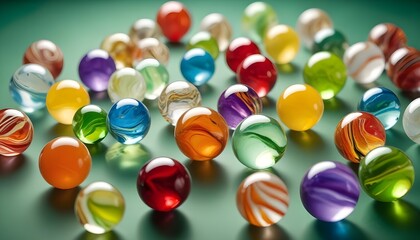 Marbles on a green background, marble pile for a game header banner design poster