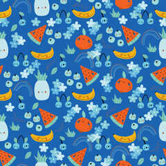 Wall Mural - Summer fruit  pattern. Cute vector seamless background with pineapple, watermelon, lemon, orange, strawberry, banana, berries, cherry