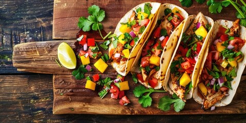 Wall Mural - A wooden cutting board topped with three colorful tacos, great for food photography or recipe illustration