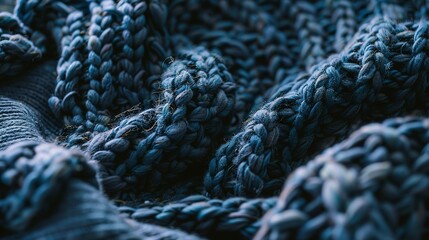 Close-up of a woolen sweater, chunky knit, rich navy blue, soft daylight. 