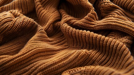 Close-up of a knit cardigan, ribbed texture, warm brown, soft indoor light. 