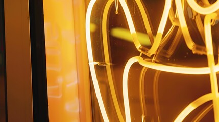 Sticker - Detailed view of neon lettering, warm yellow light, clear shapes, soft indoor lighting. 