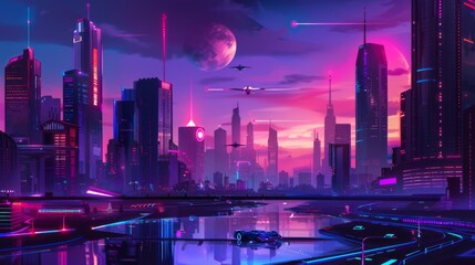 Wall Mural - Futuristic city skyline sleek skyscrapers flying cars