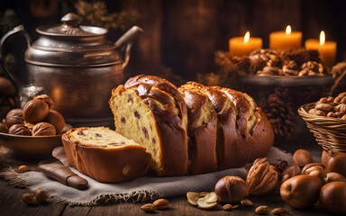 Romanian cozonac, sweet bread, nut filling, sliced, festive table setting, holiday background