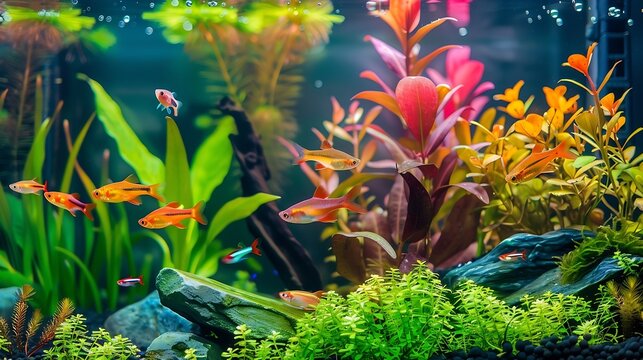 Freshwater planted aquarium aquascape with live plants and diamond tetra fish Frodo stones and redmoor roots inside Plants trident anubias fissidens and java moss ludwigia super red mi : Generative AI