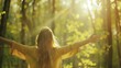 © Generative AI - Free woman breathing clean air in nature forest Happy girl from the back with open arms in happiness Fresh outdoor woods wellness healthy lifestyle concept : Generative AI