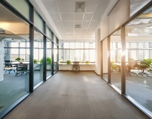 Wall Mural - intentional blurred background of a light modern office interior with panoramic windows and beautiful lighting.