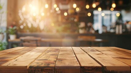 Poster - Empty wood table with blur interior coffee shop restaurant or cafe for background : Generative AI