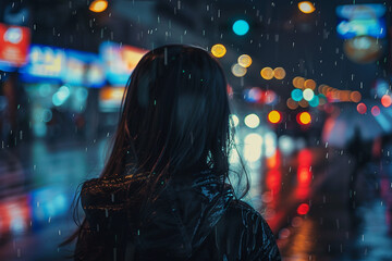 Wall Mural - AI generated picture of young man walking alone on rainy street at night