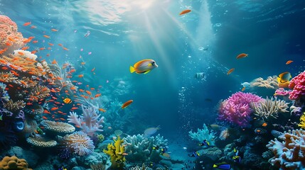 Wall Mural - underwater coral reef landscape super wide banner background  in the deep blue ocean with colorful fish and marine life : Generative AI