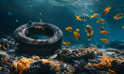 Underwater scene with discarded tire and fish, illustrating the impact of marine pollution on ocean ecosystems and aquatic life