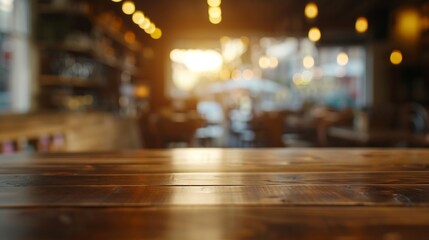 Poster - Empty coffee table over defocused coffee shop background with copy space : Generative AI