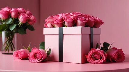Wall Mural - A charming Valentine's Day scene with pink and red roses entwined around a gift box on a pink table, Generative AI
