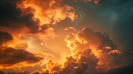 Dusk Sunset Sky Clouds in the Evening with colorful Orange Yellow Pink and red sunlight and Dramatic storm clouds on Twilight sky Landscape horizon Golden sky nature Summer Background : Generative AI