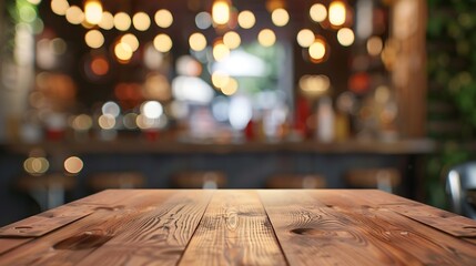 Poster - Empty wood table with blur interior coffee shop restaurant or cafe for background : Generative AI
