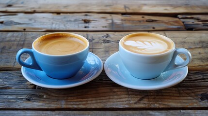 Closeup image of two blue cups of hot latte coffee and Americano coffee on vintage wooden table in cafe : Generative AI