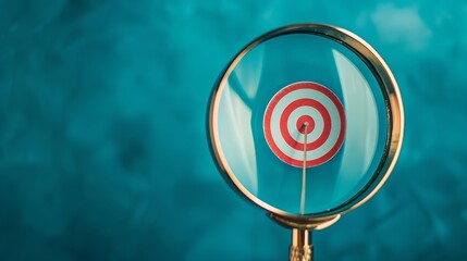 Leinwandbilder - Target board inside of magnifier glass for focus business objective achievement concept on blue background and copy space Search goal strategy success : Generative AI