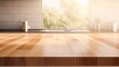 © sakina 11 - 3d rendering of maple wood counter, table top. Include blur kitchen, light from window. Modern interior design in perspective. Empty space with wooden texture pattern at surface for background.