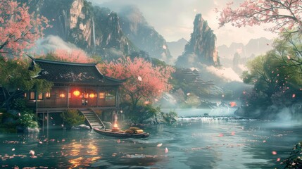 Wall Mural - A serene, traditional Chinese scene in a 16:9 ratio