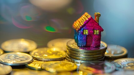 Poster - Miniature colorful house on stack coins using as property and financial concept : Generative AI