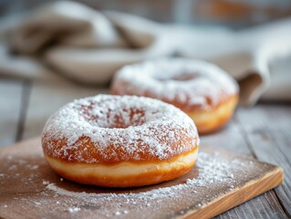 Wall Mural - AI-generated illustration of powdered sugar donuts on a wooden board with a blurred background.