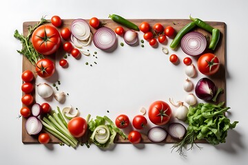 Wall Mural - Fresh Vegetables Assorted on a White Background - Healthy Eating Concept with Tomatoes, Green Salad, Onions, and Organic Ingredients for a Vegetarian Diet


