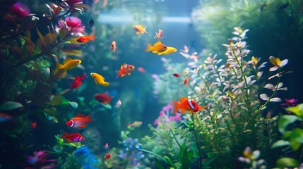 Aquarium with plants and tropical colorful fishes : Generative AI
