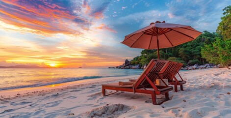 At sunset, two deckchairs are positioned under a parasol on a tropical beach