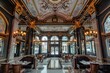 © Ilia Nesolenyi - A grand restaurant interior with ornate gilded ceilings, large windows, and a spacious layout