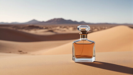 Canvas Print - A chic perfume bottle positioned against the vast expanse of a desert landscape, symbolizing the timeless allure and elegance of the scent, Generative AI