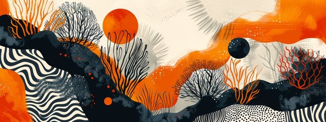 Wall Mural - Digital composition featuring abstract patterns inspired by natural forms against an orange wallpaper, exploring the intricate beauty of the world around us.