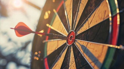 Leinwandbilder - Bullseye target goal or dartboard has dart arrow throw hitting center shooting for financial business targeting planning to winner concept : Generative AI