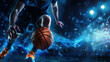 © remake - Basketball player in action court with lights background. Athlete vitality in arena, and scoring in competitive game. Team, strength, and success in modern basketball sport.