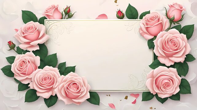 beautiful pink roses flower frame with square white blank paper for invitation wedding, valentine card